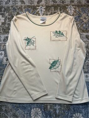 Nikki Cream Long-Sleeve Tee with Green Leaf Appliques